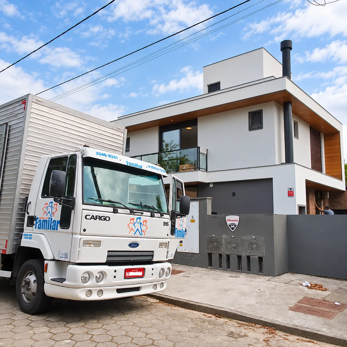 Caminhão da Familar em frente a uma residência