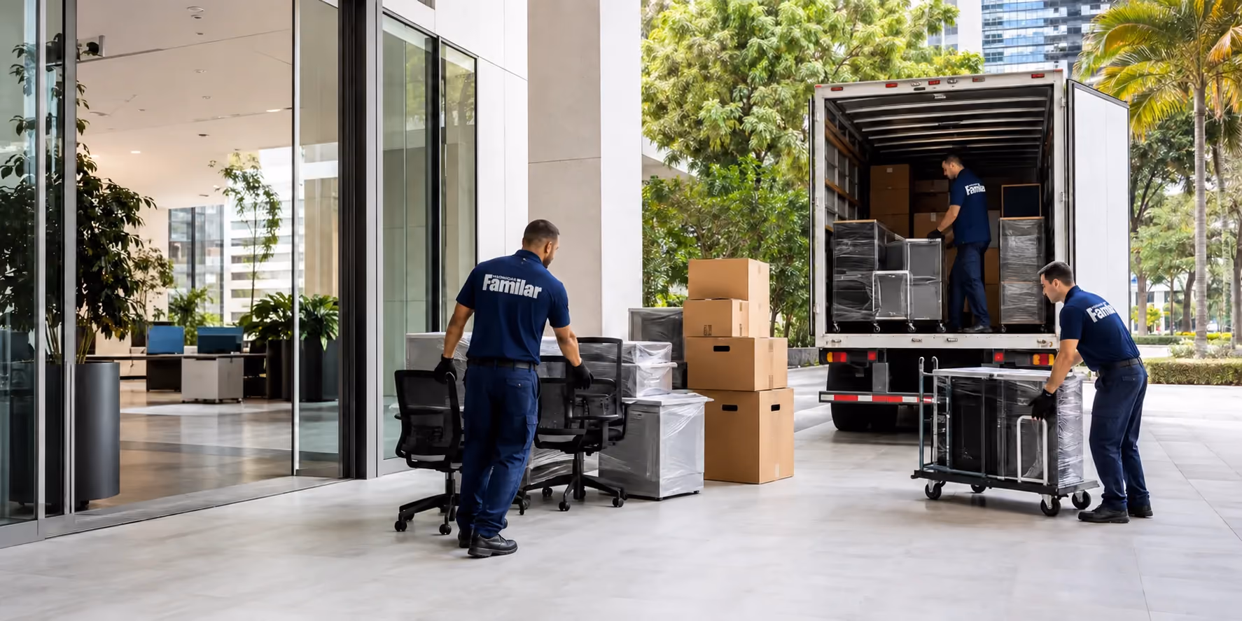 Equipe realizando mudança comercial para escritório